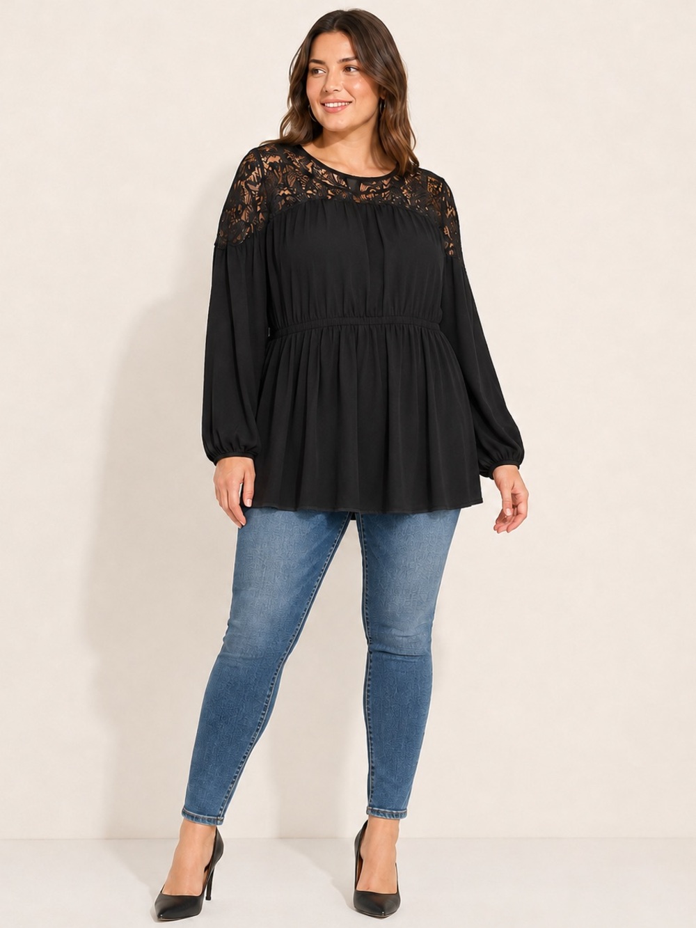 Torrid Black Lace-Yoke Long Sleeve Peplum Top - Women